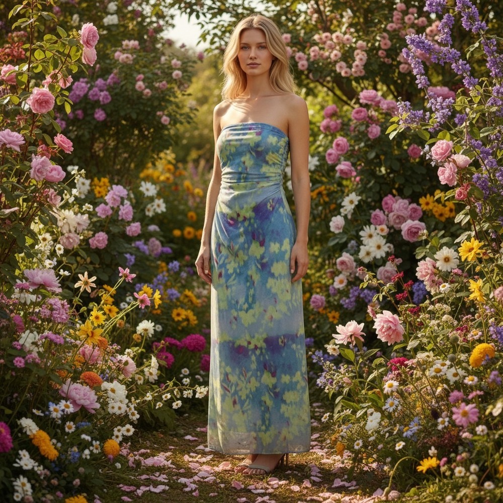 See You Monday Blue Floral Mesh Tube Maxi Dress XS Ruched Strapless NWT